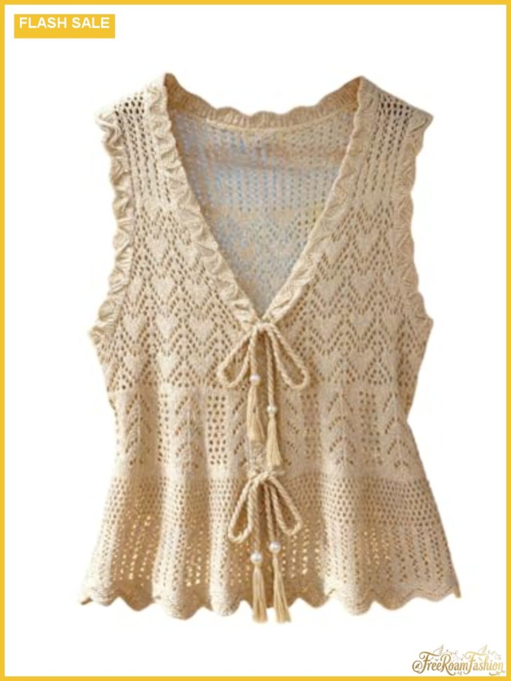 Tie Front Crochet Sweater Vest Hollow Out V-Neck Sleeveless Knit Cardigan Top